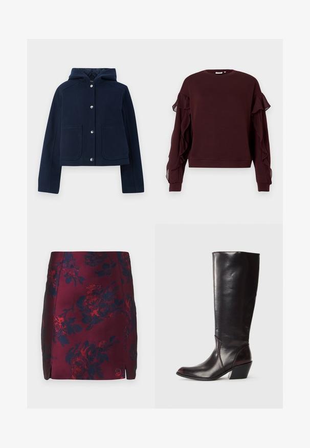 Veste à capuche bleu marine avec manches longues, boutons-pression à l'avant et deux grandes poches à l'avant, présentée sur un fond blanc.; Sweatshirt long noir bordeaux à manches longues avec des détails en ruffles transparents le long des manches et des poignets et un ourlet côtelés.; Jupe à motif floral bourgogne avec des accents bleu marine, fabriquée en tissu lisse. Présente des fentes latérales et un motif floral texturé sur l'ensemble.; Botte en cuir brun foncé, à hauteur de genou, avec un bout pointu, un talon bloc angulaire et une texture lisse et brillante. Présente un design épuré et des détails de couture.