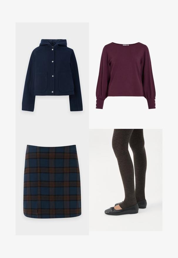 Marineblå hættetrøje med lange ærmer, frontknapper og to store forlommer, præsenteret på en hvid baggrund.; Bourgognefarvet strikket sweater med bred halsudskæring, lange ballonærmer og knapdetaljer ved manchetterne. Blød tekstur og løs pasform.; Marineblåternet mini nederdel med brune og grå striber, lavet af et glat stof, med en diskret slids bagpå for let bevægelse.; Ben iført mørke ribbede leggings kombineret med sorte balletsko med små sløjfedetaljer på hvid baggrund.