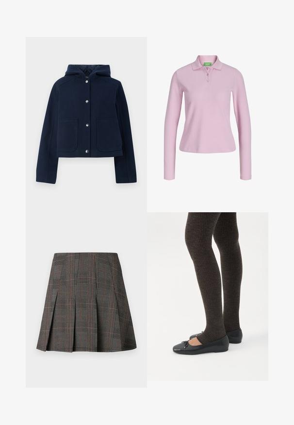Marineblå hættetrøje med lange ærmer, frontknapper og to store forlommer, præsenteret på en hvid baggrund.; Langærmet, lyserød ribbet poloshirt med krave og tre knapper, vist på hvid baggrund.; Gråternet nederdel med plisseringer, prydet med intrikate mønstre i sort og hvid, akkompagneret af tynde røde linjer. Fremstillet af et struktureret stof.; Ben iført mørke ribbede leggings kombineret med sorte balletsko med små sløjfedetaljer på hvid baggrund.