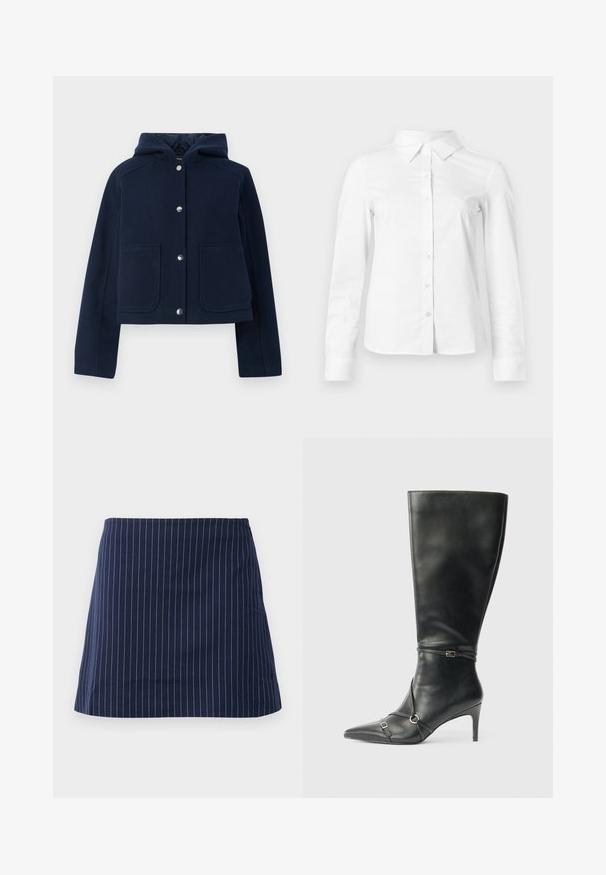 Veste à capuche bleu marine avec manches longues, boutons-pression à l'avant et deux grandes poches à l'avant, présentée sur un fond blanc.; Chemise blanche à manches longues avec boutons, col pointu, ourlet droit et silhouette ajustée, présentée sur un fond clair uni.; Jupe bleu marine avec de fines rayures verticales blanches et une coupe droite au-dessus du genou, présentée sur un fond blanc uni.; Bottes noires en cuir montant jusqu'au genou, avec un talon fin, un bout pointu et des détails de lanière à la cheville. Texture lisse et design ajusté.