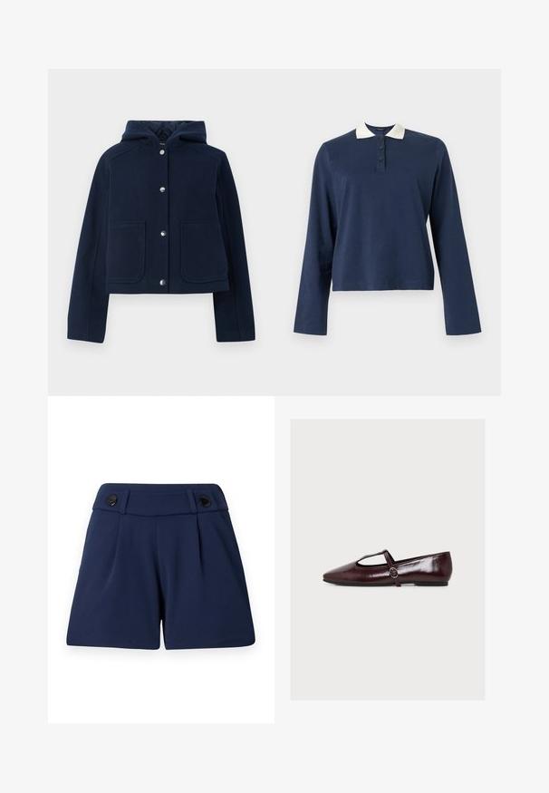 Marineblauwe hoodie met lange mouwen, voorzijde met drukknoopsluiting en twee grote voorzakken, weergegeven op een witte achtergrond.; Marineblauw poloshirt met lange mouwen, witte kraag en een placket met drie knopen, weergegeven op een effen achtergrond.; Marineblauwe op maat gemaakte shorts van lichtgewicht stof, met twee voorplooien en twee zwarte knopen op de tailleband.; Bordeauxrode platte Mary Jane-schoen van lakleer met spitse neus, T-band ontwerp en kleine zijknoop op een effen witte achtergrond.