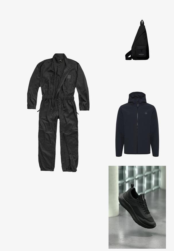 Mørkeblå hættejakke lavet af blødt, vandafvisende stof. Har en central lynlås, sidelommer og et lille logo på brystet.; Brandit BRANDIT HERREN EINSATZKOMBI - Buksedragter - black; Sort Calvin Klein sneaker med mesh og solide paneler, snørebånd og trækflig, svævende over en poleret betongulv nær glassten.; Sort trekantet crossbodytaske med frontlomme med lynlås med Calvin Klein-logo og justerbar rem.