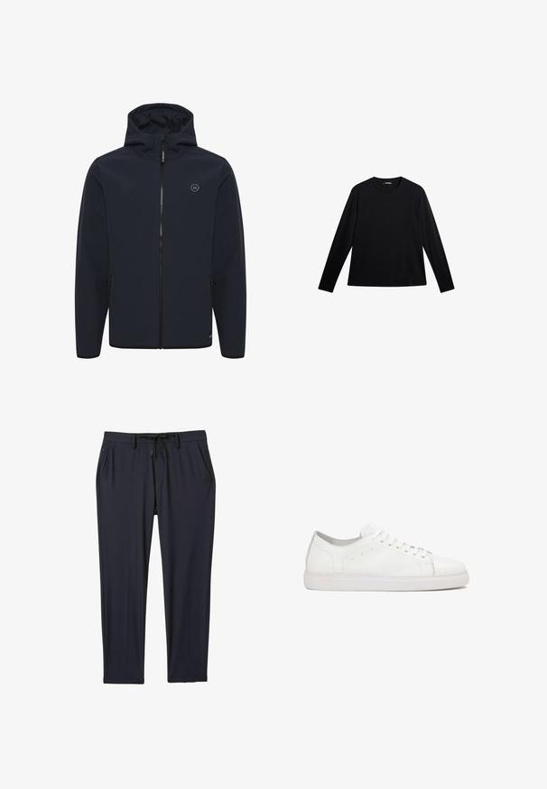Chaqueta con capucha de color azul marino, fabricada en un tejido suave y resistente al agua. Cuenta con una cremallera central, bolsillos laterales y un pequeño logo en el pecho.; Camiseta negra de manga larga hecha de tela suave, con cuello redondo y un logotipo sutil en el frente, con un corte holgado.; Pantalones deportivos de color navy hechos de una tela elástica, con una cinturilla ajustable con cordón, dos bolsillos laterales y un corte de pierna recta.; Zapatillas blancas de cuero con una textura suave, puntera redondeada, diseño de cordones y sutiles acentos de costura sobre una suela plana de goma.