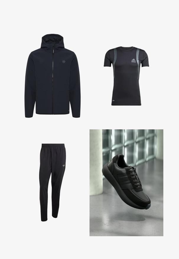 Marineblauwe hoodie gemaakt van zacht, waterafstotend materiaal. Beschikt over een centrale rits, zijzakken en een klein logo op de borst.; Zwart sportshirt met korte mouwen en grijze accenten, gemaakt van rekbare stof. Bevat een Adidas-logo op de linkerborst en Techfit-branding.; Zwarte sportbroek gemaakt van lichtgewicht materiaal, voorzien van een elastische tailleband en een klein reliëflogo op het bovenste gedeelte van het linkerbeen.; Zwarte leren sneaker met textuuraccenten, vetersluiting, ronde neus en een rubberen zool met een contrasterend blauwe detail.