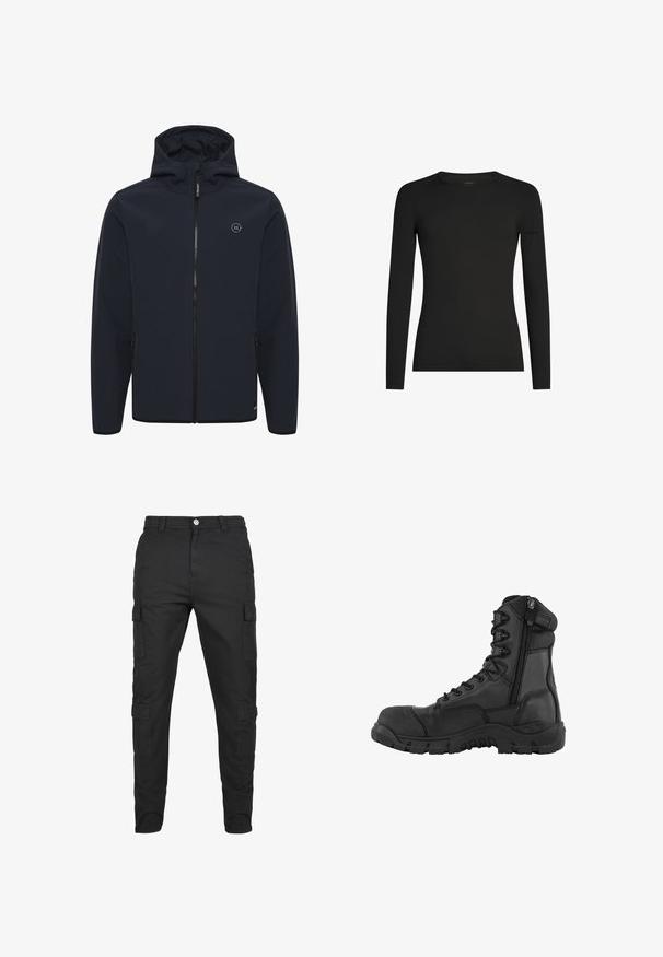 Marineblauwe hoodie gemaakt van zacht, waterafstotend materiaal. Beschikt over een centrale rits, zijzakken en een klein logo op de borst.; Zwart, aansluitend shirt met lange mouwen en ronde hals, met subtiel Icebreaker-logo op de linker mouw, weergegeven op een witte achtergrond.; Zwarte cargobroek van duurzaam materiaal. Beschikt over meerdere zijzakken, een knoopsluiting en een taps toelopend ontwerp. Vlakke voorkant, geen patronen.; Zwarte tactische laars met een hoge enkeldesign, leren bovenkant, voorbescherming met veters, zijrits, versterkte neus en robuuste rubberen zool.