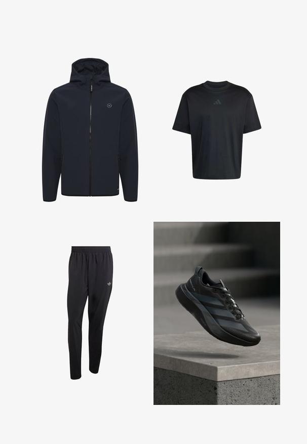 Marineblauwe hoodie gemaakt van zacht, waterafstotend materiaal. Beschikt over een centrale rits, zijzakken en een klein logo op de borst.; Zwart T-shirt met korte mouwen en een rond halsje met een subtiel donkergrijs Adidas-logo in het midden van de borst.; Zwarte sportbroek gemaakt van lichtgewicht materiaal, voorzien van een elastische tailleband en een klein reliëflogo op het bovenste gedeelte van het linkerbeen.; Lichtgewicht zwarte hardloopschoen met slank ontwerp, gestructureerd bovenwerk, prominent vetersysteem en reflecterende accenten, zwevend in de lucht weergegeven.