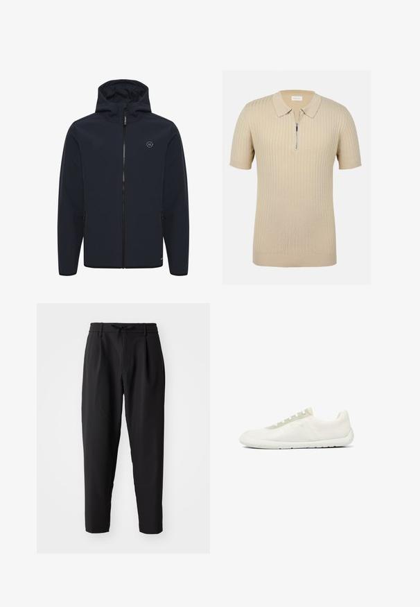 Marineblauwe hoodie gemaakt van zacht, waterafstotend materiaal. Beschikt over een centrale rits, zijzakken en een klein logo op de borst.; Korte mouwen polo shirt in beige, met een geribbelde textuur en een ritskraag voor sluiting. Zachte stof met subtiele patroon details.; Zwarte tapering broek met een elastische tailleband en trekkoord. Glad materiaal met een lichte textuur, voorzien van plooien en zijzakken.; Minimalistische witte lage sneaker met gestructureerde meshstof, witte zool en lichtbeige veteroogpaneel.