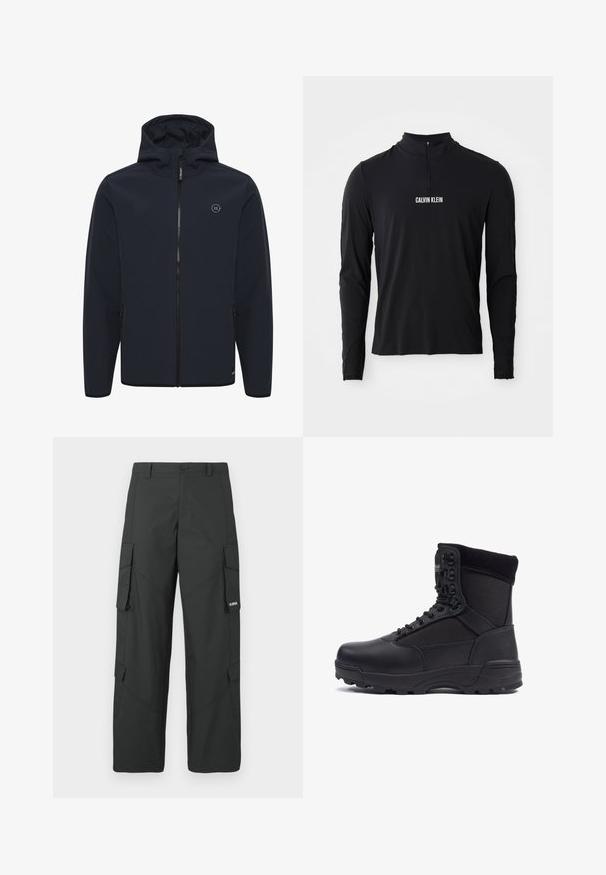 Veste à capuche bleu marine en tissu doux et résistant à l'eau. Dotée d'une fermeture éclair centrale, de poches latérales et d'un petit logo sur la poitrine.; Haut noir à manches longues avec un col montant, doté d'une fermeture éclair quart et du logo "CALVIN KLEIN" en blanc à l'avant. Tissu lisse et extensible.; Pantalons cargo noirs à jambes droites avec poches latérales à rabat, fermeture à bouton, passants de ceinture et petit logo blanc sur le rabat de la poche droite.; Botte tactique noire avec une tige en cuir lisse et des panneaux en tissu, design montante, fermeture à lacets à l'avant et semelle en caoutchouc robuste.