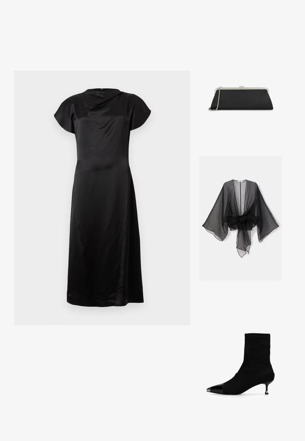 Kimono noir transparent avec manches larges et détail de taille nouée. Le tissu est léger, avec une texture fluide et translucide.; Robe en satin noir avec décolleté drapé et manches courtes, présentant une silhouette fluide et une fente latérale pour plus de confort.; Bottine noire à cheville avec embout métallique pointu et petit talon fin sur fond blanc.; Longue pochette noire avec cadre métallique argenté et bandoulière chaîne posée sur un fond blanc.