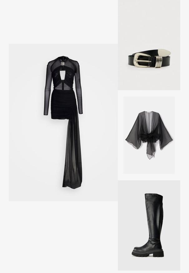 Kimono noir transparent avec manches larges et détail de taille nouée. Le tissu est léger, avec une texture fluide et translucide.; David Koma CRYSTAL BUCKLE DIAMOND CUTOUT MINI DRESS - Robe de soirée - black/silver; Bottes noires montantes en cuir lisse, avec une semelle en caoutchouc épaisse et un patch logo en haut. Design épuré avec des accents minimalistes.; Ceinture en cuir noir avec une boucle en métal argenté à bord courbé et trois rainures horizontales. Texture lisse, forme rectangulaire.