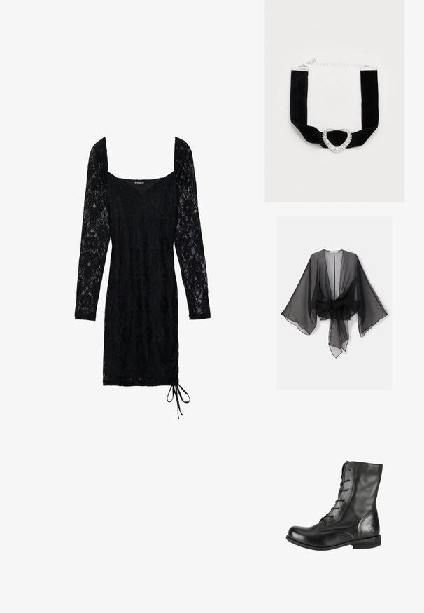 Kimono noir transparent avec manches larges et détail de taille nouée. Le tissu est léger, avec une texture fluide et translucide.; Robe en dentelle noire avec de longues manches transparentes, décolleté carré et silhouette ajustée. Présente un détail à cordon à l'ourlet.; Bottine en cuir noir à bout rond et fermeture à lacets. Présente une texture lisse, des coutures discrètes et un petit motif gaufré sur le talon.; Choker en velours noir avec un centre en forme de cœur orné de strass et une quincaillerie en argent, doté d'une chaîne réglable.