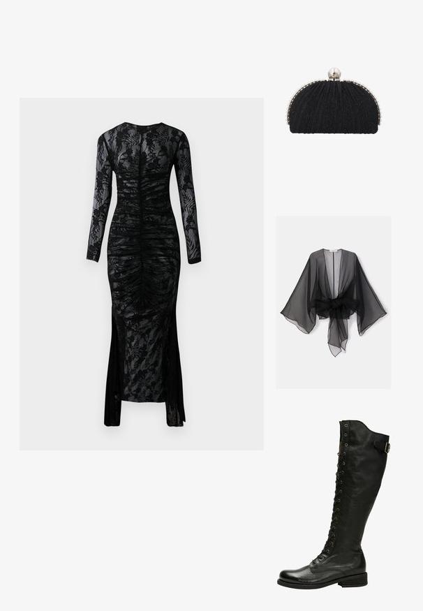 Kimono noir transparent avec manches larges et détail de taille nouée. Le tissu est léger, avec une texture fluide et translucide.; Robe noire à manches longues avec une silhouette ajustée, tissu froncé et superposition de dentelle floral. Comprend une fente en bas pour un détail supplémentaire.; Botte en cuir noir hauteur genou avec un laçage à l'avant, œillets en métal argenté et boucle sur le côté. Présente une finition texturée et un talon empilé.; Pochette de soirée noire en tissu texturé, encadrée par une rangée de petites perles, avec un grand fermoir en perle sur le dessus.