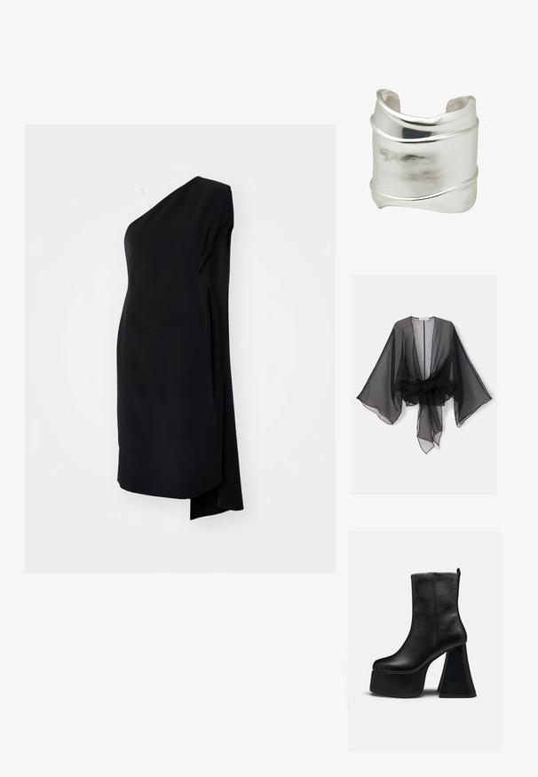 Kimono noir transparent avec manches larges et détail de taille nouée. Le tissu est léger, avec une texture fluide et translucide.; Robe asymétrique noire à une épaule, en tissu satiné, avec un design drapé et une fente sur le côté pour un détail supplémentaire.; Bottine en cuir noir avec semelle plateforme épaisse et talon haut large évasé, texture lisse et petit logo près du bord supérieur.; Large bracelet manchette en argent avec une surface lisse et polie et des lignes courbes subtiles qui enveloppent son corps.