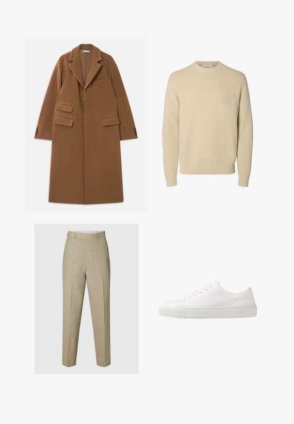 Long manteau en laine couleur camel avec de larges revers, trois poches à rabat, quatre boutons sombres sur les poignets et fermeture frontale dissimulée.; Pull tricoté beige uni à col rond, manches longues avec poignets et bas côtelés.; Pantalon beige sur mesure avec pli à l'avant, passants de ceinture et coupe droite, présenté sur un fond neutre.; Baskets en cuir blanc avec une finition lisse, bout rond et six œillets pour les lacets. Présente une semelle en caoutchouc texturée et un design minimaliste.
