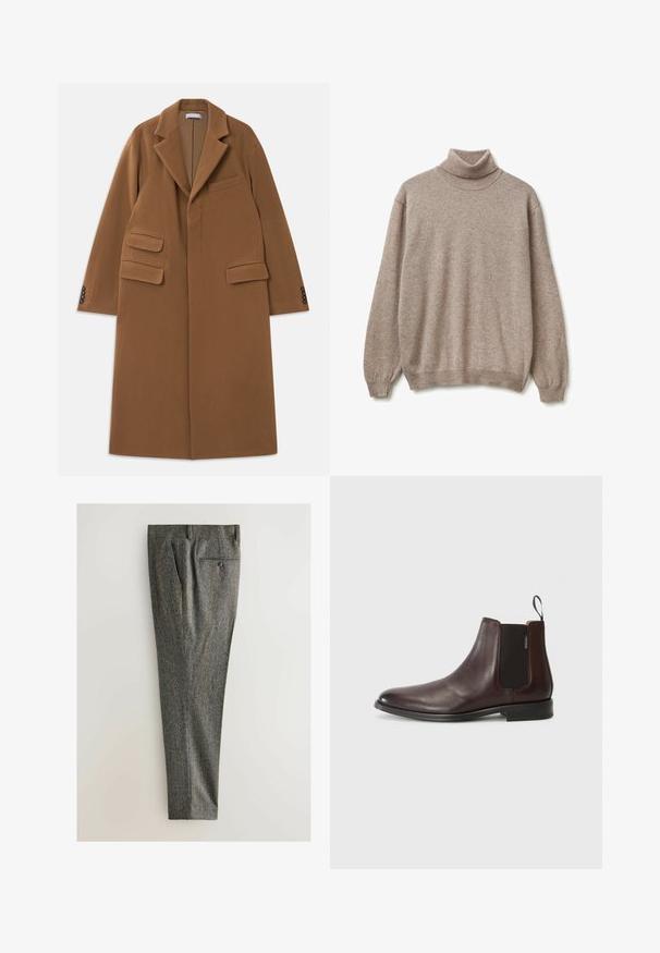 Long manteau en laine couleur camel avec de larges revers, trois poches à rabat, quatre boutons sombres sur les poignets et fermeture frontale dissimulée.; Pull à col roulé beige en tissu tricoté doux. Il possède des manches longues et un ourlet côtelé. Design simple et confortable avec un minimum de détails.; Pantalons en pied-de-poule gris en tissu texturé, avec une taille plate, des poches latérales et une poche arrière avec bouton. Conception à jambe droite.; Bottines en cuir marron avec des panneaux élastiques sur les côtés et une languette. Texture lisse, bout rond et un petit talon empilé.