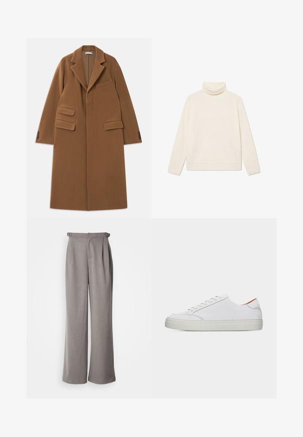 Long manteau en laine couleur camel avec de larges revers, trois poches à rabat, quatre boutons sombres sur les poignets et fermeture frontale dissimulée.; Pull à col roulé crême en maille côtelée, fabriqué dans un tissu doux, avec des manches longues et une coupe décontractée, doté d'un col et d'un ourlet pliés.; Pantalons larges gris clair en tissu tissé. Comprend des plis à la taille et des passants pour ceinture. Texture lisse et design à longueur complète.; Baskets basses blanches en cuir avec fermeture à lacets à l'avant, semelle épaisse et détails de couture minimalistes sur un fond clair uni.