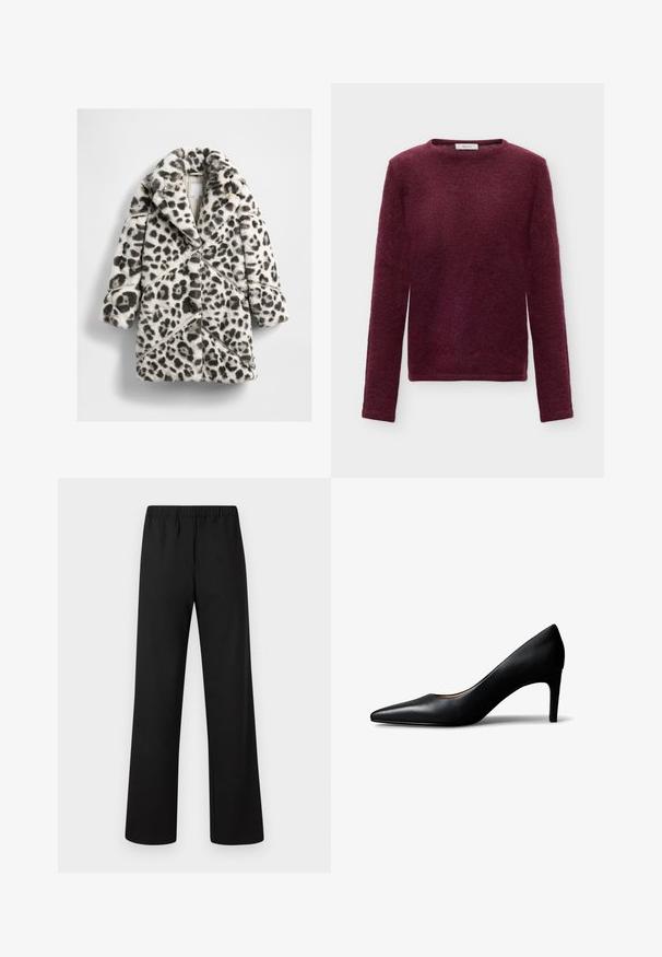 Manteau en fausse fourrure imprimé léopard avec un design à double boutonnage, de larges revers et des coutures diagonales dans des tons de noir et de crème.; Pull femme manches longues bordeaux à col rond, tissu en maille douce et moelleuse avec un ourlet droit.; Pantalon droit à taille élastique noire, confectionné en tissu lisse, devant plat, sans poches apparentes ni décorations.; Escarpin pour femme en cuir noir à bout pointu avec talon moyen, présenté de profil sur un fond blanc.