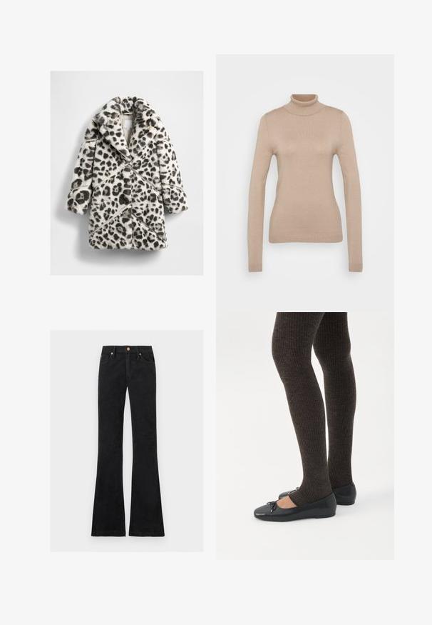 Manteau en fausse fourrure imprimé léopard avec un design à double boutonnage, de larges revers et des coutures diagonales dans des tons de noir et de crème.; Pull à col roulé beige en tissu tricoté doux. Doté de manches longues, d'une coupe ajustée et d'un col et d'une bordure côtelés.; Jean noir taille haute avec jambes évasées, fermeture devant par bouton et zip, et design à cinq poches.; Jambes portant des leggings côtelés foncés associés à des ballerines noires avec de petits détails en nœud sur fond blanc.