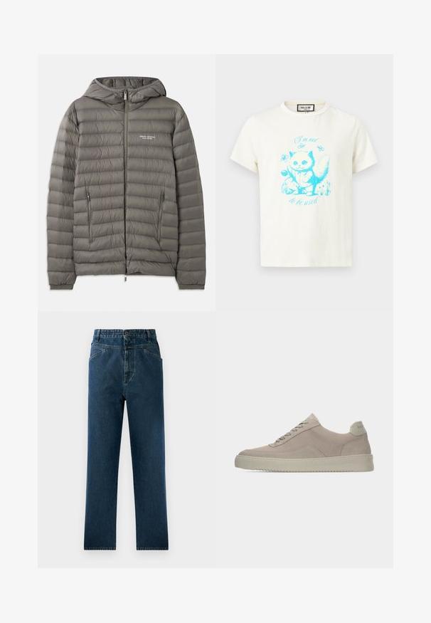 Grijze gewatteerde jas met een capuchon, gemaakt van doorgestikt materiaal. Beschikt over twee zijzakken met rits en een voorrits sluiting.; Wit T-shirt met een blauwe illustratie van een kitten die een bloem vasthoudt, omringd door vlinders en de tekst "Ik ben niet om te gebruiken."; Donkerblauwe spijkerbroek met rechte pijpen en een hoge taille, voorzien van voorzakken en een knoopsluiting. Gelaagd materiaal met subtiele vervaging.; Beige suède sneakers met een gestructureerde afwerking, ronde neus en tonale veters. Voorzien van een dikke rubberen zool en subtiele branding op de hiel.