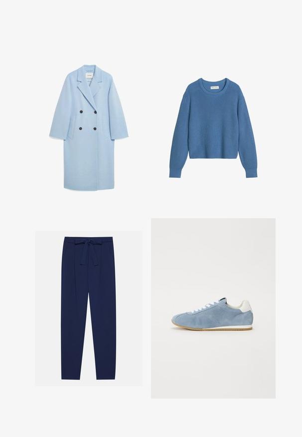 Manteau en mélange de laine bleu clair avec un design croisé, revers crantés, deux poches avant et boutons foncés, présentant une coupe décontractée.; Pull bleu en tricot à manches longues, col rond, poignets et ourlet côtelés, avec étiquette Marc O'Polo, présenté sur fond blanc.; Pantalons bleu marine avec un lien à la taille, poches latérales et une coupe ample. Fabriqués dans un tissu lisse avec un subtil éclat. Design ajusté avec des plis.; Chaussure de sport en daim bleu clair avec des lacets et un accent au talon blancs. Présente un design perforé et une semelle en caoutchouc pour une meilleure adhérence.