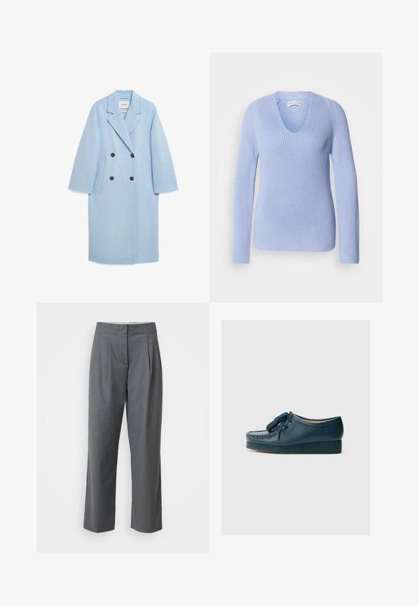 Manteau en mélange de laine bleu clair avec un design croisé, revers crantés, deux poches avant et boutons foncés, présentant une coupe décontractée.; Pull en maille bleu clair avec col en V, manches longues et texture côtelée. Conçu avec une silhouette ajustée et des détails de couture subtils.; Pantalons gris ajustés à coupe droite, avec une texture lisse, des plis devant et des poches latérales. Pas de quincaillerie ou d'accents visibles.; Mocassin bleu marine avec une finition en cuir lisse, comportant des franges décoratives et une semelle en coin texturée pour une adhérence accrue.