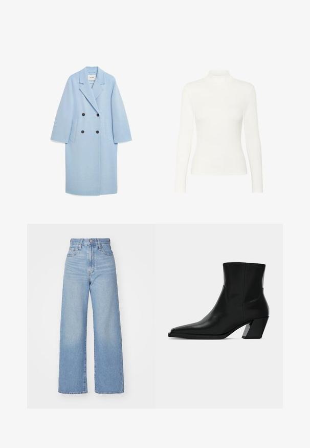 Manteau en mélange de laine bleu clair avec un design croisé, revers crantés, deux poches avant et boutons foncés, présentant une coupe décontractée.; Haut turtleneck à manches longues blanc en tissu côtelé, au design ajusté et à la texture lisse, avec un col montant et sans accents visibles.; Jean large taille haute bleu clair avec bouton et fermeture éclair à l'avant, poches avant et arrière, sur fond blanc.; Bottine en cuir noir avec un bout pointu, une silhouette élégante et un talon carré massif. Texture lisse avec des détails de couture minimalistes.