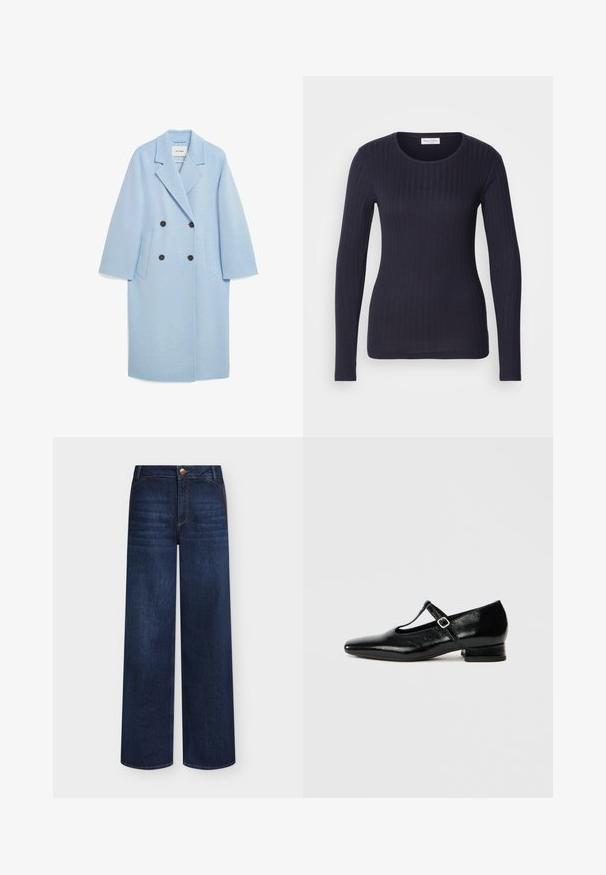 Manteau en mélange de laine bleu clair avec un design croisé, revers crantés, deux poches avant et boutons foncés, présentant une coupe décontractée.; Haut à manches longues côtelé bleu marine avec un col rond. Fabriqué en tissu doux, il présente une coupe ajustée et une texture subtile sur l'ensemble.; Jeans en denim bleu foncé à jambes larges avec poches avant, fermeture par boutons et légère décoloration sur les cuisses à l'avant.; Chaussures Mary Jane en cuir noir avec bout pointu, petit talon carré et bride ajustable avec une boucle argentée. Texture lisse et brillante.