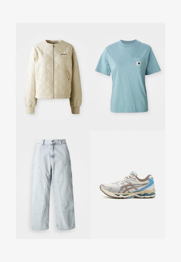Veste matelassée beige avec un col rond, fermeture éclair à l'avant et poches à rabat. Manches élastiques et ourlet, avec un logo sur le côté gauche de la poitrine.; T-shirt en coton léger bleu clair à manches courtes avec poche poitrine affichant un petit patch logo Carhartt noir et blanc.; Pantalons en denim bleu clair à jambes larges avec de grandes poches latérales, taille haute et coupe ample. Texture usée avec une finition décolorée.; Chaussure de course blanche et beige avec des accents bleus, dessus en mesh, semelle rembourrée et design à lacets, vue du côté extérieur.