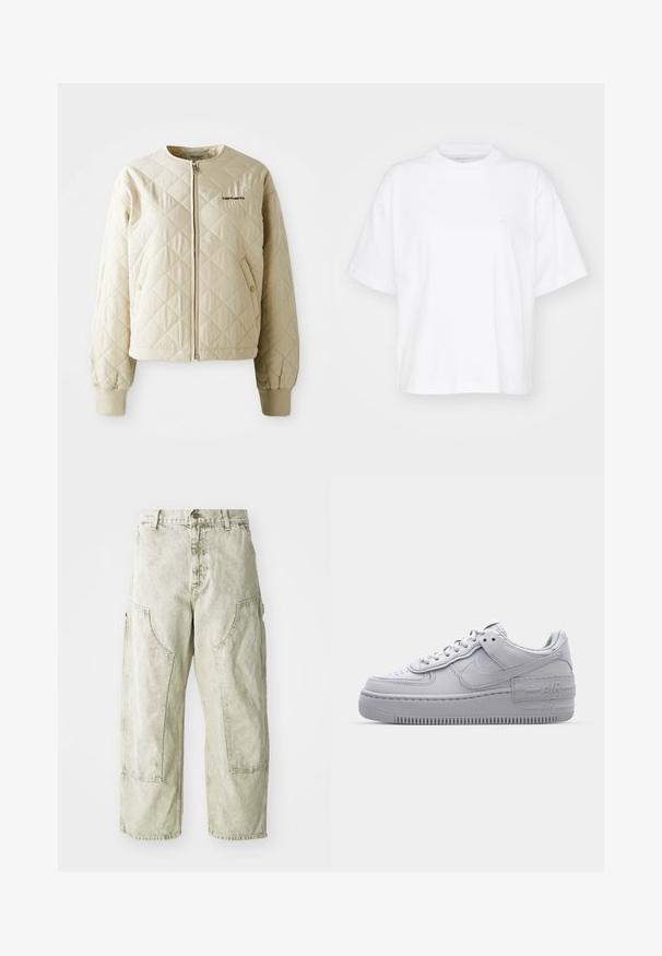 Veste matelassée beige avec un col rond, fermeture éclair à l'avant et poches à rabat. Manches élastiques et ourlet, avec un logo sur le côté gauche de la poitrine.; T-shirt en coton blanc avec un col rond, des manches courtes et une coupe décontractée. Présente un logo discret sur la zone gauche de la poitrine. Texture lisse.; Pantalons cargo larges vert clair en denim, avec de grandes poches latérales, une fermeture à bouton et fermeture éclair, et des détails de couture visibles.; Basket en cuir lisse gris Nike Air Force 1 avec un bout perforé, une semelle épaisse et un détail 'AIR' en relief sur le talon.