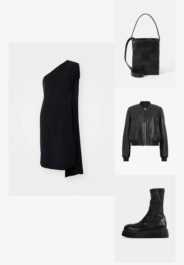 Veste bomber en cuir noir avec fermeture éclair à l'avant, col et poignets côtelés, dotée de deux poches latérales. Texture lisse et design court.; Robe asymétrique noire à une épaule, en tissu satiné, avec un design drapé et une fente sur le côté pour un détail supplémentaire.; Botte en cuir noire mi-mollet avec une tige lisse et une semelle plateforme épaisse et striée, vue de profil sur un fond clair uni.; Sac en cuir noir avec un design tissé. Forme rectangulaire, courte anse et sangle ajustable. Texture lisse avec une finition mate.