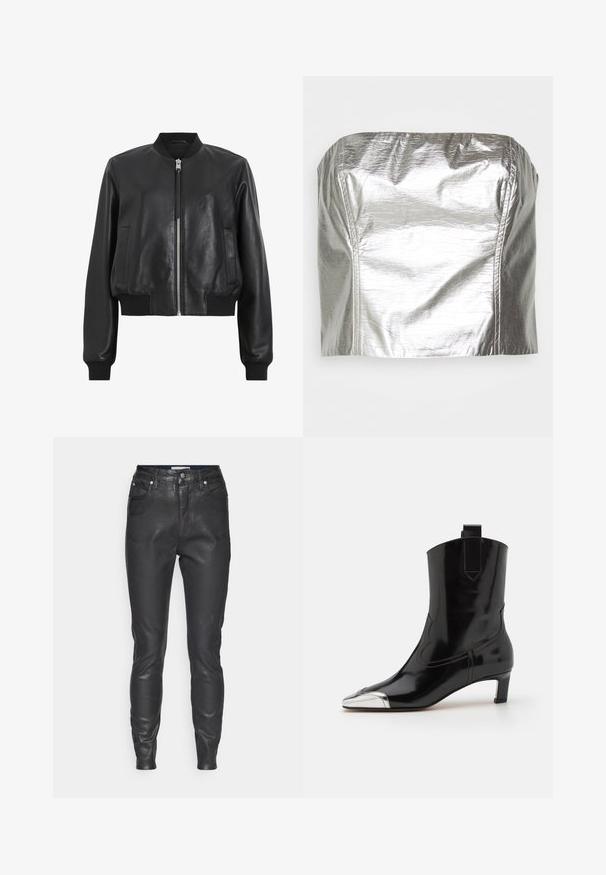Veste bomber en cuir noir avec fermeture éclair à l'avant, col et poignets côtelés, dotée de deux poches latérales. Texture lisse et design court.; Gina Tricot TUBE - Débardeur - silver-coloured; Pantalons en cuir noir avec un design ajusté, cinq poches et une texture lisse. La taille comprend une fermeture à bouton et des passants de ceinture.; ALOHAS SHIMMER BICOLOR BOOTS - Bottines - black/silver