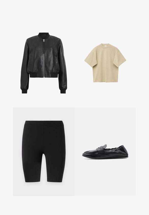 Sort læder bomberjakke med frontlynlås, ribbet krave og manchetter, der har to sidelommer. Glat tekstur og cropped design.; Beige oversized T-shirt med korte ærmer og rund hals, lagt fladt med synlige syninger på ærmer og kant mod hvid baggrund.; Sorte knæ-lange leggings lavet af strækbart stof. Har en glat tekstur med en bred elastisk talje for komfort og pasform.; Sort blød læderloafer med lav hæl, slip-on-design og bred rem over øverste del.
