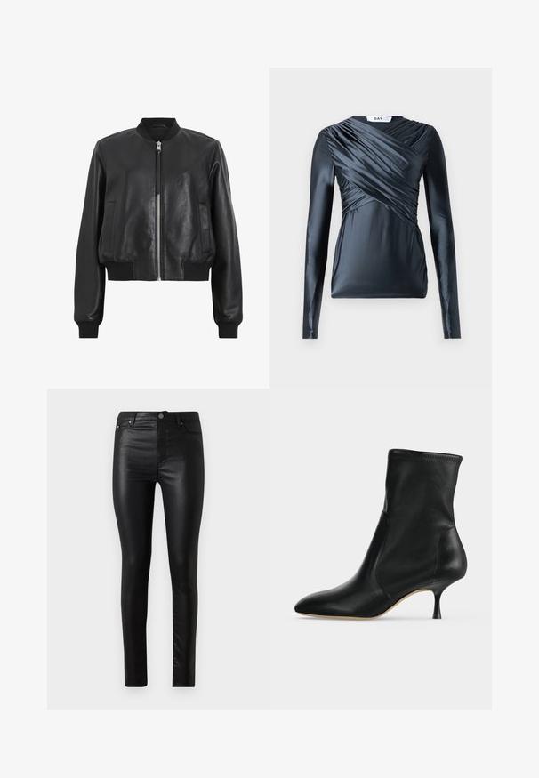 Chaqueta bomber de cuero negro con cremallera frontal, cuello y puños acanalados, que presenta dos bolsillos laterales. Textura suave y diseño corto.; Top de manga larga en satén de un oscuro tono marino, con detalles gather en la parte frontal y una textura suave, que presenta un escote redondo y una silueta ajustada.; Jeans skinny negros hechos de material brillante, con cintura alta, bolsillos traseros y cierre frontal con botón y cremallera.; Botín negro de cuero con puntera puntiaguda y tacón medio y delgado, mostrado de perfil sobre un fondo claro.