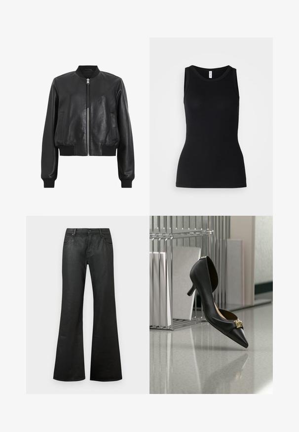 Chaqueta bomber de cuero negro con cremallera frontal, cuello y puños acanalados, que presenta dos bolsillos laterales. Textura suave y diseño corto.; Top sin mangas negro hecho de tela acanalada, con un escote redondo y un diseño ajustado, con una textura suave y sin patrones.; Jeans acampanados negros de mezclilla con una textura suave, cintura estándar, estilo de cinco bolsillos y cierre de botón.; Zapato negro de tacón bajo kitten con punta puntiaguda y un emblema dorado en la puntera, mostrado en el aire frente a una superficie reflectante y un fondo de estantería metálica.