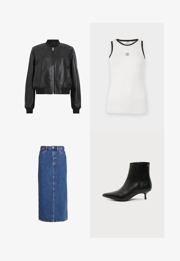 Veste bomber en cuir noir avec fermeture éclair à l'avant, col et poignets côtelés, dotée de deux poches latérales. Texture lisse et design court.; Débardeur blanc sans manches avec une finition noire autour de l'encolure et des emmanchures. Présente un petit logo noir sur le devant. Matière en coton doux.; Jupe midi en denim bleu moyen avec une coupe droite, fermeture à bouton sur le devant, deux poches latérales et des coutures visibles pour texturer.; Bottine en cuir noir avec bout pointu et petit talon kitten sur fond clair, vue côté extérieur.