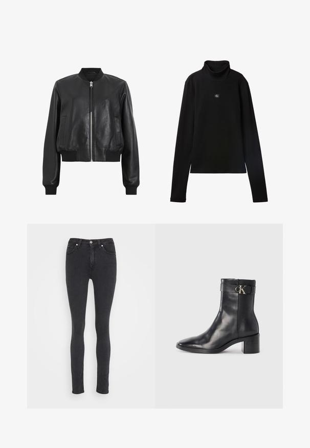 Musta nahkainen pommitakki, jossa on etuvetskari, ribatty kaulus ja hihansuut sekä kaksi sivutaskua. Silkkinen rakenne ja lyhyt design.; Musta, pitkähihainen ribbineulepoolopaita, jonka rinnassa on pieni neliönmuotoinen Calvin Klein -logopläkki.; Mustat slim-fit farkut, joissa on edessä nappi, vetoketjukiinnitys, vyölenkit ja viisi taskua.; Musta nahkainen nilkkuri, jossa on teräväkärkinen muoto, lohkare korko ja hihna, jossa on metallinen logoteema. Sujuva pinta ja minimalistiinen muotoilu.