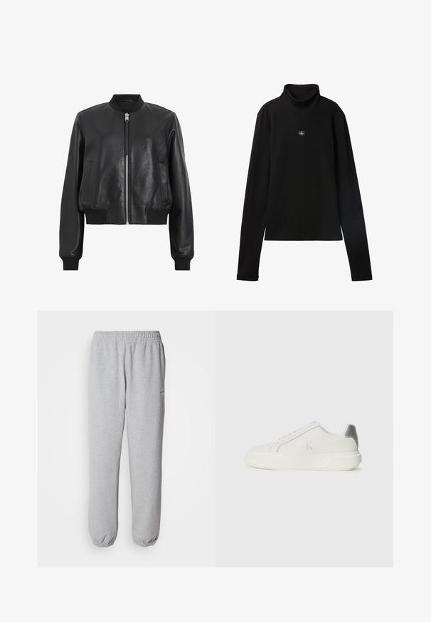 Sort læder bomberjakke med frontlynlås, ribbet krave og manchetter, der har to sidelommer. Glat tekstur og cropped design.; Sort ribstrikket bluse med lange ærmer og lille firkantet Calvin Klein-logo placeret centralt på brystet.; Grå sweatpants lavet af blødt, tekstureret stof. Elastisk talje og manchetter, med et lille logo på venstre side.; Hvide sneakers lavet af læder med en glat tekstur, forsynet med en sølvaccent på hælen, flad sål og minimalistisk design.