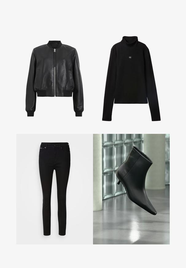 Veste bomber en cuir noir avec fermeture éclair à l'avant, col et poignets côtelés, dotée de deux poches latérales. Texture lisse et design court.; Haut noir à col roulé côtelé à manches longues avec petit patch carré du logo Calvin Klein centré sur la poitrine.; Jean skinny noir en coton, avec un bouton frontal et une fermeture à glissière, cinq poches, et une texture lisse avec des détails de couture minimaux.; Bottine en cuir noir à bout pointu et petit talon kitten, présentée en angle devant un sol poli et un mur en blocs de verre.