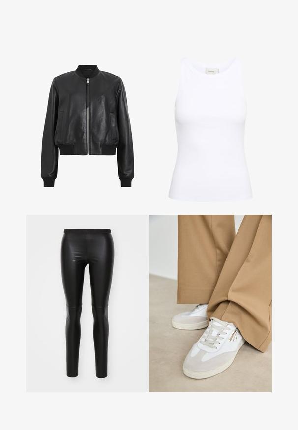 Chaqueta bomber de cuero negro con cremallera frontal, cuello y puños acanalados, que presenta dos bolsillos laterales. Textura suave y diseño corto.; Top sin mangas de canalé blanco con escote redondo. Tejido elástico y diseño ajustado. La etiqueta en la parte posterior dice "GESTUZ."; Leggings negros hechos de un material suave y elástico con una cintura alta. Diseño ajustado, construcción sin costuras y sin bolsillos visibles.; Zapatillas blancas con detalles de ante, cordones texturizados y suela de goma. Combinadas con un pantalón suelto en tono marrón claro. Logo exhibido en el lateral.