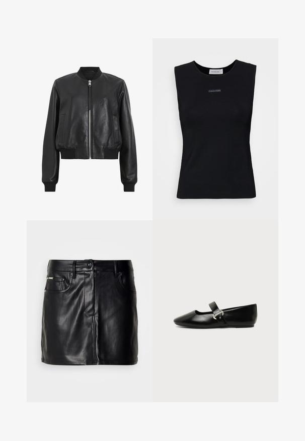 Chaqueta bomber de cuero negro con cremallera frontal, cuello y puños acanalados, que presenta dos bolsillos laterales. Textura suave y diseño corto.; Top negro sin mangas de tejido suave. Presenta un cuello redondo y un pequeño logo de Calvin Klein en el centro. Diseño simple y ajustado.; Falda mini de cuero negro con un diseño a medida, que presenta bolsillos delanteros, un cierre de botón y una textura suave.; Zapato plano Mary Jane de cuero negro con punta redondeada y hebilla plateada sobre un fondo liso.