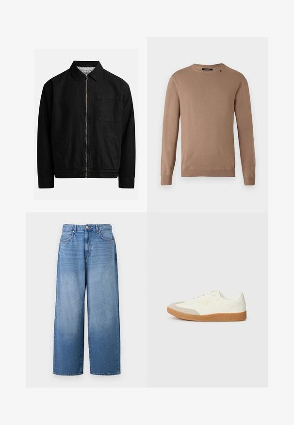 Chaqueta negra con cremallera y cuello, un bolsillo en el pecho, dos bolsillos laterales y un forro interior suave y texturado.; Suéter beige de manga larga con cuello redondo, hecho de un tejido suave y texturizado. Presenta puños y dobladillo de canalé, y un pequeño detalle de logo.; Jeans de denim de pierna ancha en azul claro con un acabado ligeramente deslavado. Presenta un diseño clásico de cinco bolsillos y cierre de botón metálico.; Zapatilla de cuero blanca con puntera beige y suela de goma marrón claro. Presenta cordones planos blancos y una marca en relieve en el lateral.