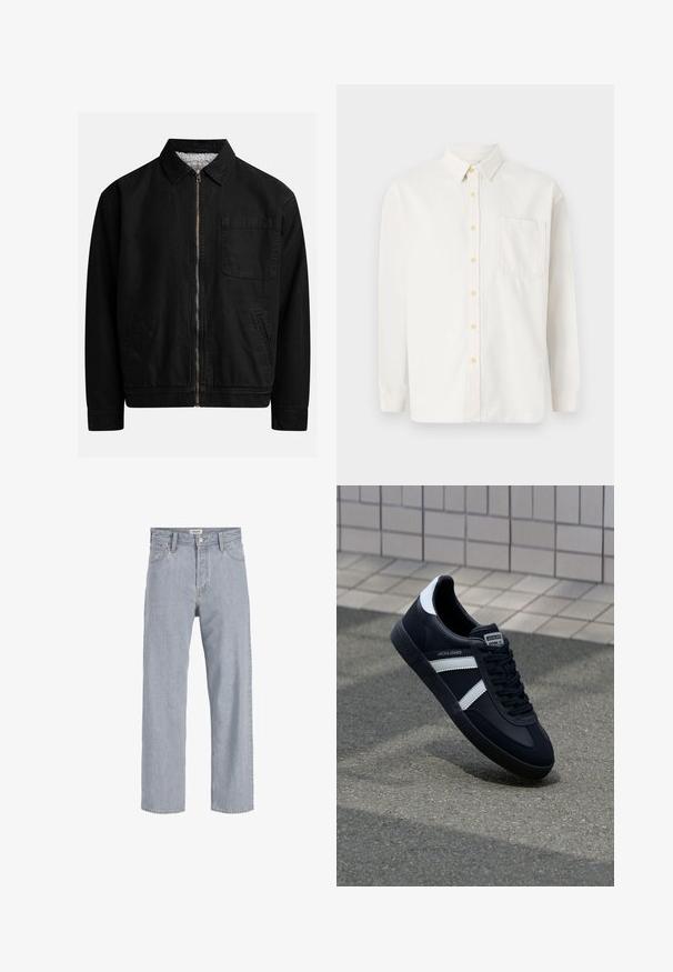 Chaqueta negra con cremallera y cuello, un bolsillo en el pecho, dos bolsillos laterales y un forro interior suave y texturado.; Camisa blanca de manga larga hecha de una mezcla de algodón, con cuello abotonado, botones amarillos y un único bolsillo en el pecho. Corte clásico.; Jeans de mezclilla azul claro con un ajuste holgado, diseño de pierna recta, costuras visibles, dos bolsillos frontales y cierre de botón.; Zapatilla de cuero negra con rayas blancas, suela de goma texturizada y parte frontal con cordones. Cuenta con una etiqueta de marca en la lengüeta.