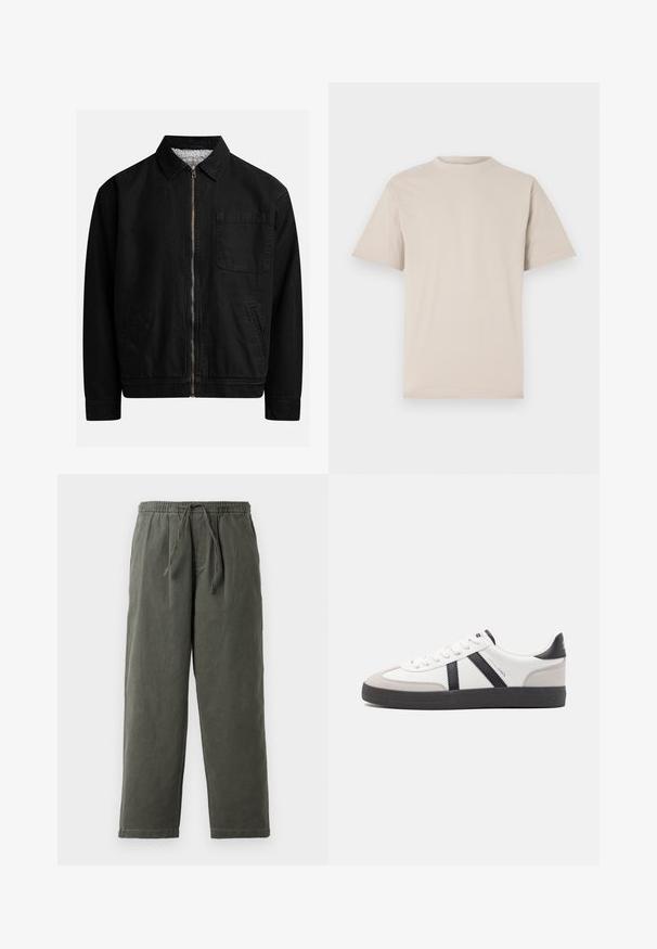 Chaqueta negra con cremallera y cuello, un bolsillo en el pecho, dos bolsillos laterales y un forro interior suave y texturado.; Camiseta de manga corta beige, con cuello redondo, hecha de una suave tela de algodón, que presenta un corte relajado y sin patrones o adornos visibles.; Pantalones de color verde oliva oscuro con cintura elástica y cordón, fabricados en un material ligero. Corte holgado con piernas rectas y sin bolsillos ni adornos visibles.; Zapatilla blanca con acentos en negro y gris, que presenta una puntera texturizada en gris, suela de goma negra y cordones planos blancos. Diseño limpio, estilo minimalista.