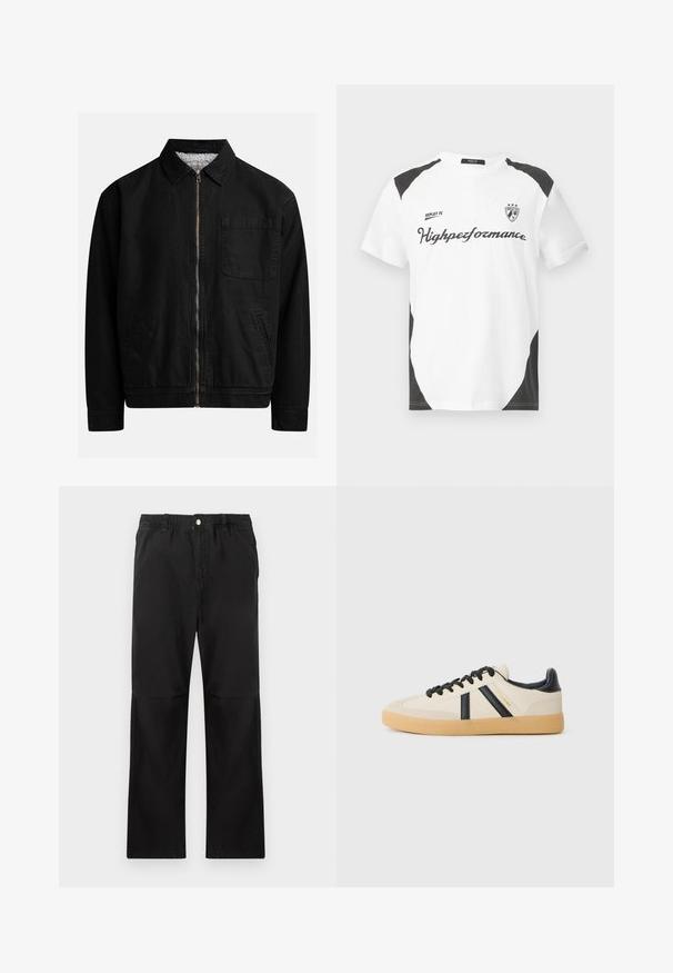 Chaqueta negra con cremallera y cuello, un bolsillo en el pecho, dos bolsillos laterales y un forro interior suave y texturado.; Camiseta blanca de manga corta con acentos negros. Lleva el logo "REPLAY FC" y el texto "Highperformance" en una fuente deportiva. Fabricada con un material suave.; Pantalones negros de algodón con una cintura elástica, que cuentan con un diseño de pierna recta, textura suave y sin acentos ni patrones visibles.; Zapatillas casuales en crema con rayas negras, con parte superior texturizada y suela de goma. Los cordones son negros. Logo sutil en el costado.