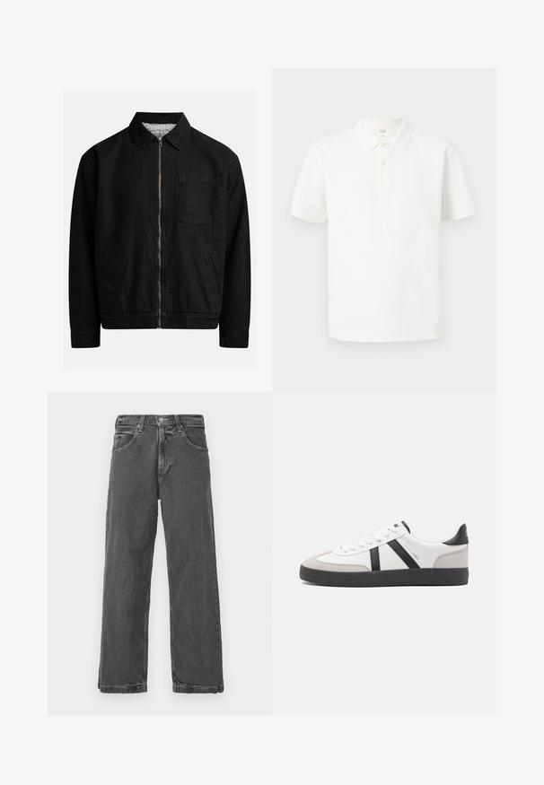 Chaqueta negra con cremallera y cuello, un bolsillo en el pecho, dos bolsillos laterales y un forro interior suave y texturado.; Camisa polo blanca de algodón con cuello clásico, mangas cortas, tapeta de dos botones y una sutil textura en la tela.; Jeans de mezclilla gris con corte recto, cinco bolsillos y cierre de botón. Presentan un lavado sutil y una textura ligeramente desgastada.; Zapatilla blanca con acentos en negro y gris, que presenta una puntera texturizada en gris, suela de goma negra y cordones planos blancos. Diseño limpio, estilo minimalista.