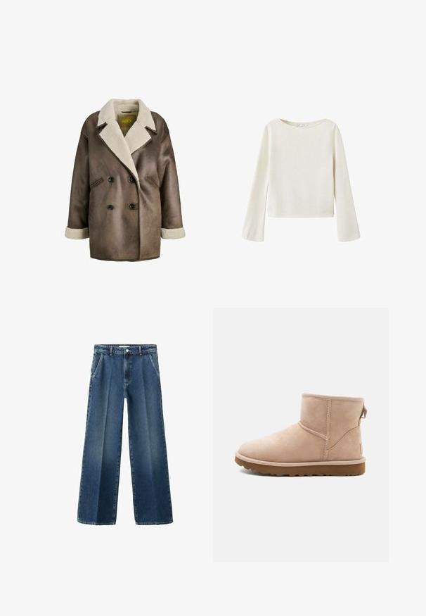 Brun kunstlæderfrakke med dobbeltknaplukning, stor krave foret med cremefarvet lammeskind, og brede ærmer med lammeskindselementer.; Off-white langærmet sweater med bred rund halsudskæring og let udvidede ærmer, lavet af blødt strikket stof.; Bredbenede blå denimjeans med høj talje, der har forlommer, knaplukning og et let falmet mønster på stoffet.; Beige ruskindsankelstøvle med rund tå, synlige sting og en tekstureret brun gummisål. Har en træksløjfe på bagsiden.