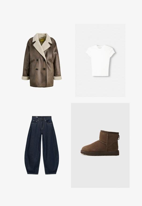 Brun kunstlæderfrakke med dobbeltknaplukning, stor krave foret med cremefarvet lammeskind, og brede ærmer med lammeskindselementer.; Hvid kortærmet t-shirt lavet af blød bomuld, med rund halsudskæring og en tætsiddende form. Ingen synlige mønstre eller udsmykninger.; Mørkeblå vidde jeans med frontlommer, bæltestropper og knaplukning i taljen.; UGG CLASSIC MINI II - Vinterstøvler - dusted cocoa