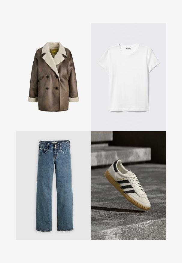 Bruine faux leren jas met dubbele knopen, een grote kraag gevoerd met crèmekleurige schapenvacht, en ruime mouwen met schapenvachtaccenten.; Effen wit T-shirt met korte mouwen en een ronde hals met een "WEEKDAY" label aan de binnenkant van de kraag, getoond op een lichtgrijze achtergrond.; Blauwe denim spijkerbroek met een rechte pijp, voorzien van een knoopsluiting, vijf zakken en contrasterende stiksels langs de naden.; Witte Adidas Spezial sneaker met zwarte strepen en gumzool, zwevend boven grijze stenen trappen buiten.