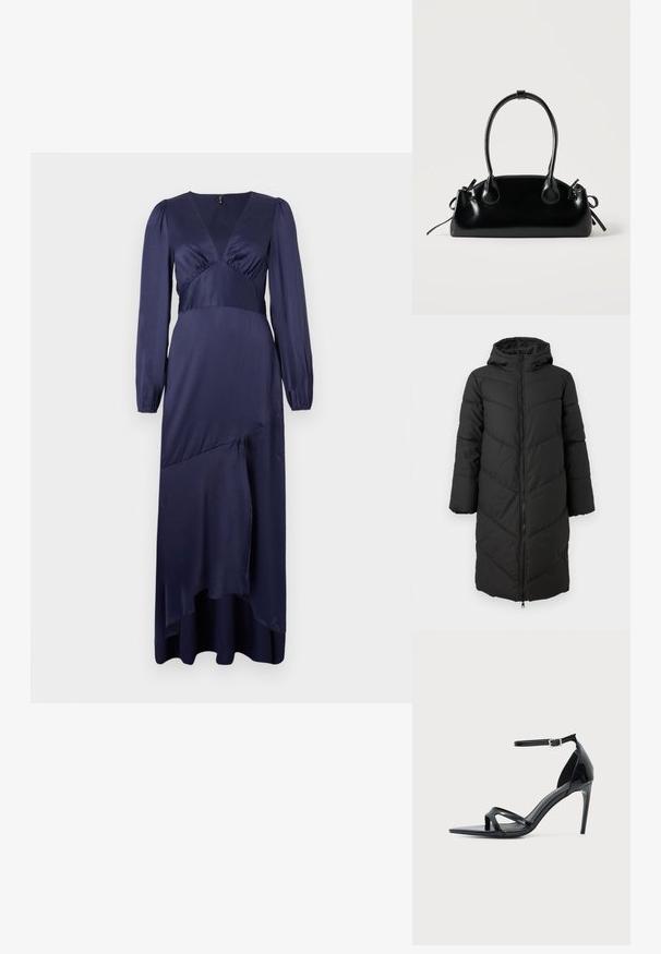 Zwarte lange pufferjas met een rits aan de voorkant, capuchon en een chevronpatroon. Heeft brede mouwen en een gladde, geïsoleerde textuur.; Navy blauwe satijnen jurk met lange mouwen, V-hals en gathered taille. Kenmerkt een asymmetrische zoom en een gladde, strakke textuur.; Zwarte lakleren sandalen met hoge hak, dunne enkelband, open teen en minimalistisch ontwerp op een effen lichte achtergrond.; Kleine zwarte glanzende handtas met twee lange hengsels en zijkant trekkoord details op een effen lichte achtergrond.