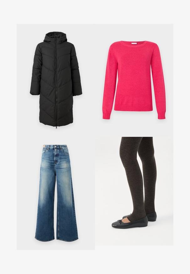 Sort lang pufferjakke med lynlås foran, hætte og chevronmønster. Har brede ærmer og en glat, isoleret tekstur.; Fuchsia trøje med rund halsudskæring, lange ærmer og ribstrikkede manchetter og kant. Fremstillet af blødt strikmateriale med en glat tekstur.; Bredde ben blue denim jeans med en falmet finish, høj talje og klassisk fem-lomme design. Har kobber hardware og flossede kanter.; Ben iført mørke ribbede leggings kombineret med sorte balletsko med små sløjfedetaljer på hvid baggrund.